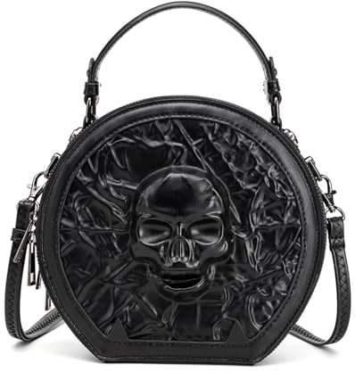 Generisch Gothic Handtasche, Vintage Kunstleder, Totenkopf-Design, Multifunktionale Umhängetasche mit Steampunk-Uhr-Motiv, Abnehmbarer Schultergurt, Schwarz (Muscheltasche 3D Skull)