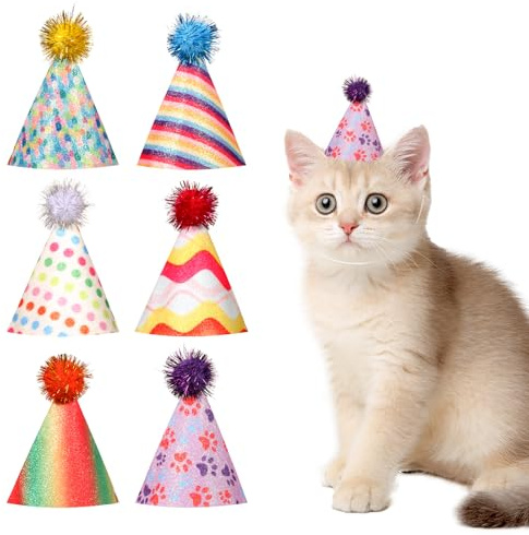 6 Stück Partyhüte Geburtstag,Partyhüte für Kuscheltiere Bunt Geburtstagshut für Hunde Und Katzen Partyhüten Mit Pompon und Glitzerdetails Kleine Kegelhüte mit Glitzer Pompons Kgeburtstagszubehör