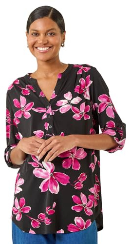 Roman Shirt for Women UK Ladies Top Collarless Blouse Stretchy Tunic Smart Casual Autumn Winter Jersey 3/4 Length Sleeve Notch V Neck Flattering Office Work - Size 10 - Magenta Floral