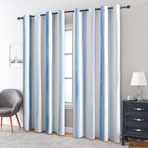 Generisch Blau Weiß Gestreift Vorhänge Blickdicht Gardinen mit Ösen, Modern Küsten Aquarell Deko Muster Wohnzimmer Schlafzimmer Fenster Verdunklungsvorhänge, H 220 x B 140 cm 2er Set (4B6-105)