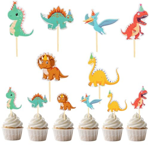 24 Stück Dino Cupcake Topper Dino Kuchen Deko Drachen Kindergeburtstag für Junge, Geburtstagstorte Dekoration Zubehör, Dinosaurier Mottoparty