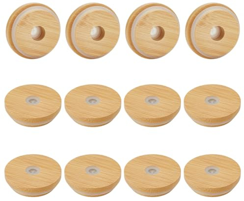 OLYCRAFT 12Pcs Bamboo Lids for Glass Cups 64mm Reusable Cup Lid with Straw Hole Wood Mason Jar Lids Replacement Beer Glasses Lid Wooden Lid with Leak-proof Silicone for Regular Mouth Beer Glasses