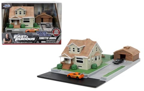 Jada Toys Fast & Furious Dom Toretto Haus mit Garage und 2 Nanofahrzeugen, Diorama im Maßstab 360°, inklusive Dodge Charger und Toyota Supra, Metallmodell für Fans ab 8 Jahren (9333668314R00)