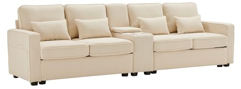 SOFTWEARY Big-Sofa mit Zwischentisch, Getränkehaltern und USB-Anschlüssen, inkl. Loser Zier- und Rückenkissen, Leinen Bezug (beige mit Zwischentisch)