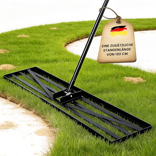 Rasenrechen, 75 x 25 cm, Gartenrasen-Nivellierrechen mit 193 cm extra langem Stiel EIN Gartengerät zum mühelosen Nivellieren von Garten-, Golfplatz- und Farmrasenflächen