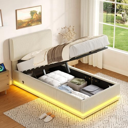 DRIXNO Polsterbett 90×200 cm, LED Jugendbett und USB-Ladefunktion, Funktionsbett Bettgestell mit Stauraum, Kinderbett, Einzelbett, Höhenverstellbarem Kopfteil, Cord-Stoff, Ohne Matratze, Beige