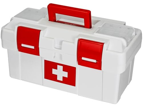 HMF Erste Hilfe Kasten zur Medikamenten Aufbewahrung, Medizinbox leer für Sportverein, Betrieb oder Zuhause | 37 x 20 x 18,5 cm | Weiß-Rot