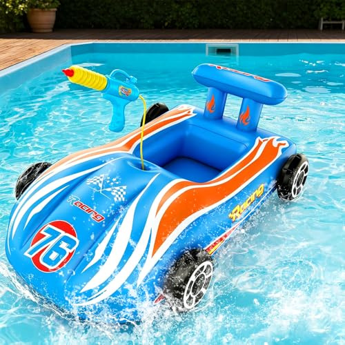 SKIKHN Pool Spielzeug, Schwimmring Kinder, Aufblasbarer Schwimmreifen mit Wasserpistole, Aufblasbares Schwimmtier Boot, Kinderboot, Aufblasbarer Schwimmring, für Poolpartys und Außenbereich (Blau)