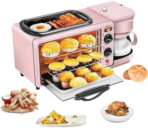 Máquina de desayuno eléctrica, estación de desayuno 3 en 1 con olla de cocción de 1,2 L, área for hornear de gran capacidad de 9 L y cafetera, control de temperatura de 100-230 ° ytiempode30(Pink)