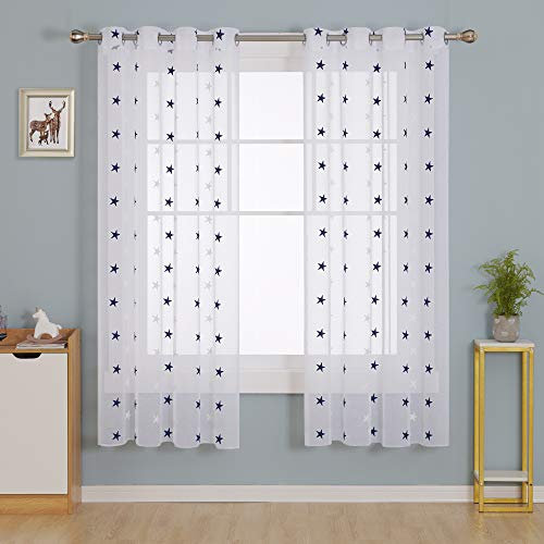 Deconovo Voile Vorhang Ösen Vorhänge Kinderzimmer Dekosachals Vorhang Leinenoptik Stern, 183x140 cm(HöhexBreite), Blau, 2er Set