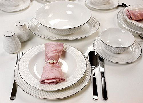 Servizio da tavola, 56 pezzi, piatti in porcellana, piatti piani, piatti fondi, ciotole, portasale e portapepe, servizio di piatti in porcellana, design rotondo, per 12 persone, colore bianco