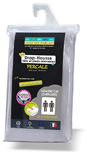 Linge des Familles - Drap Housse 2x80x200 - pour Lit Articulé 160x200 TPR - 100% Coton Percale - Gris Ciment - Grand Bonnet 30 cm - Elastique Tout Autour - Oeko-TEX® Standard 100 - Made in Europe