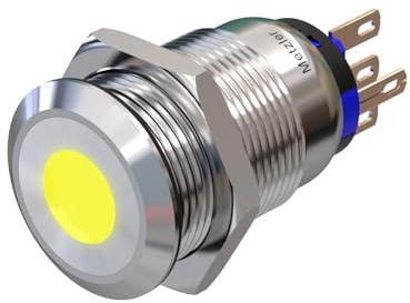 Metzler - Druckschalter 19mm - LED Punktbeleuchtung Gelb - IP67 IK10 - Edelstahl - Flach - Lötkontakte