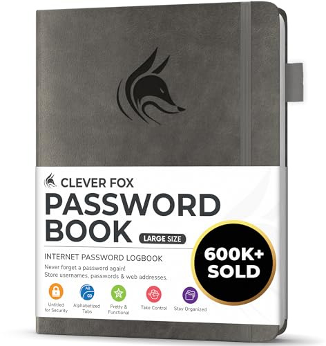 Clever Fox Password Book with Alphabetical Tabs, 18x25 Keeper Grey | Hardcover 18 x 25cm, large password keeper & internet address book for seniors, office supplies, website login organizer