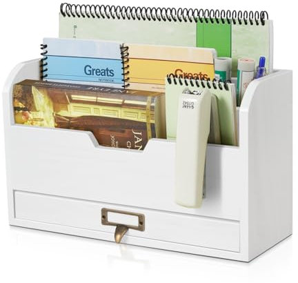 Flexzion 3 Tier Wooden Desk Organizer - Country Rustic Mail Organizer Countertop Compartments Slot File Tray Pencil Sorter Shelf Holder Accessories Set with Storage Drawer for Home Office, Beige Wood