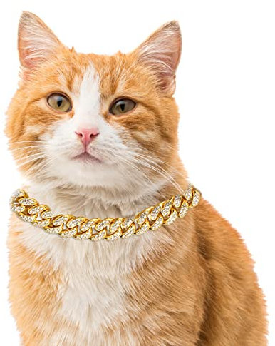 Halukakah Goldkette Iced Out für Katze,Diamant Kubanische Halskette Kragen 14MM 18 Karat Echt Vergoldet 22cm Größe M mit KOSTENLOSER Geschenkbox,Nur Dekoration