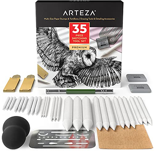 ARTEZA Papierwischer Set für Erwachsene, Set mit 35 Skizzierwerkzeugen und Detailing-Zubehör, Kunstbedarf für Profis, Studenten und Hobbyisten