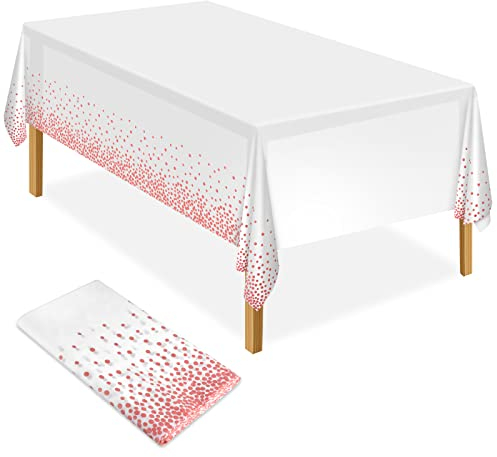 ELECLAND Party-Tischdecke aus Kunststoff, weiß und roségold, 137 x 274 cm, roségoldfarbene Punkt-Konfetti-Tischdecke, rechteckige Party-Tischdecke für Picknick, Hochzeit, Geburtstagsdekoration