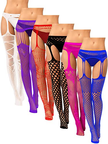 Syhood 6 Paires de Bas Collants Résille CuisseHaut Femme Bas Collants Porte-Jarretelles (Blanc, Violet, Rouge Vif, Noir, Rose, Bleu Marine), 11, (socks)