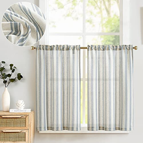 TOPICK Leinen Gestreifte Scheibengardinen Halbtransparent Bistrogardine Sheer Vorhang Privatsphäre Fenstervorhang Gardine für kleine Fenster Küche Bad Wohnzimmer 2er Set 65Bx90H(cm) Blau auf Beige