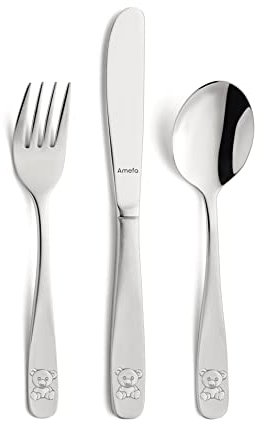 Amefa 0024 TEDDY Kinderbesteck mit Gravur 3-teilig, Edelstahl Besteckset rostfrei, ab 3 Jahre für Jungen und Mädchen, Kindermesser, Kindergabel und Kinderlöffel, Spülmaschinenfest