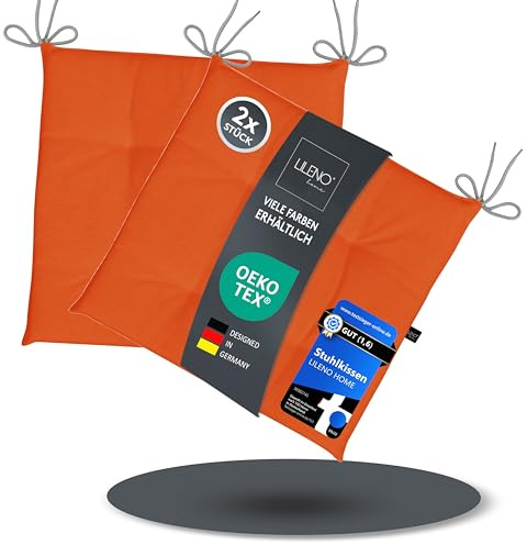 LILENO HOME 2er Set Stuhlkissen Orange (40x40x4,5 cm) - Sitzkissen für | Gartenstuhl, Küche oder Esszimmerstuhl - UV-beständige indoor u. outdoor Stuhlauflage als Stuhl Kissen (Laura FUM)