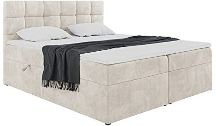 MEBLINI Boxspringbett mit Bettkasten - Gepolstert Doppelbett mit Matratze und Topper - Polsterbett mit Stauraum - Bett mit Kopfteil - Stauraumbett - TAPO 2-180x200 - H4/Creme Samt