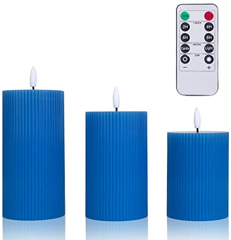 BEMOMENT LED Flickering Flameless Candles, Battery Operated LED Candles with10-Key Remote Control, Set of 3 (Dark Blue)