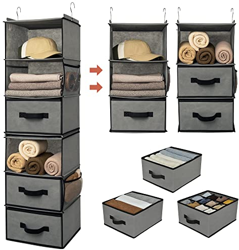 GRANNY SAYS 6-Shelf Hanging Wardrobe Storage Organiser, Separable to 2 Pack 3-Shelf Hanging Shelves, Hanging Drawers for Wardrobe, Grey Hanging Storage Clothes Organiser, Fabric Wardrobe Tidy