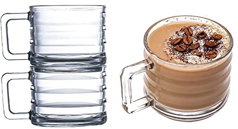 GOSOYO Stackable Glass Coffee Mugs Set of 2, Fully Tempered Tea and Latte Glasses, Ribbed Glasses, Cappuccino Cups, Coffee Glasses, Glass Mugs for Hot Drinks with Handles (250cc/8.5oz) (2 Pcs)