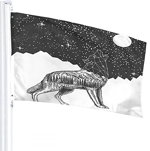 Wolf-Flagge, 1,2 x 1,8 m, Wildtier-Wölfe mit polygonalem Kopf, Bergbaum, Moo-Sterne, gepunktete Outdoor-Flaggen, große Willkommens-Hof-Banner, Hausgarten, Hof, Rasendekoration
