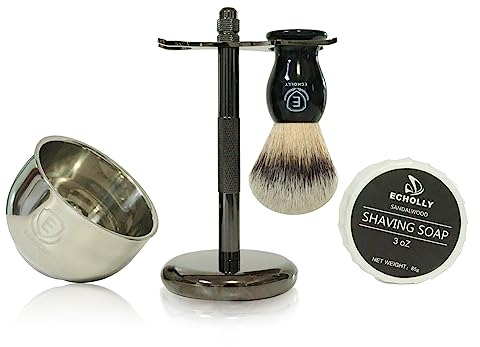 Premium Shaving Brush Kit-4 in 1 Shaving Brush Set for Men Includes Shaving Brush,Shaving Cream Soap,Stainless Steel Bowl and Safety Shaving Stand for Mens Shaving Gift Set(Black)