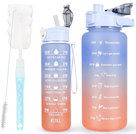 CodiCile 2 Pack Water Bottle Set - 2 Liters & 750ml With Straw, BPA Free, Motivational Canteen With Time Marking, Leakproof Large Sport Drink Bottle for Women Men