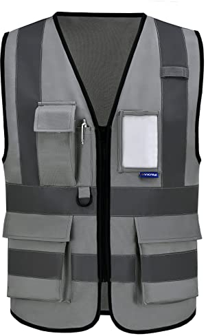 AYKRM Grau Warnweste mit Reflektorstreifen mit Reißverschluss und Taschen Arbeitsweste