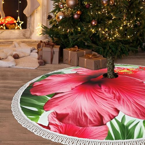 91,4 cm Weihnachtsbaumrock mit Quaste Hibiskus Blume Weihnachtsbaum Matte Baumrock Ornamente für Urlaub Quaste Baum Rock Weihnachtsbaum Rock Basisabdeckung für Weihnachten Neujahr Dekorationen