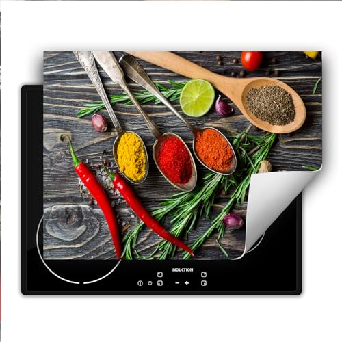 TMK ArtDeko Herdabdeckplatte 1 teilig 80x52 cm Küche Herdabdeckung Ceranfeld Herdabdeckplatten Anti Rutsch Matte Aufrollbar, Holz Gewürze