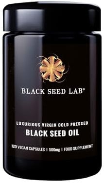 Black Seed Oil - 120 Vegetarian 500mg Softgel Capsules - Luxurious Egyptian Cold Pressed Nigella Sativa Plant Producing Black Cumin Seed Oil - Non-GMO - Made by BLACK SEED LAB in UK - Jar