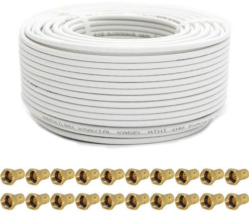 Premium X 100m Sat Koaxial Mini Kabel 90dB 2-Fach geschirmt 4mm Dünnes Antennenkabel FullHD HDTV 3D Weiß 20x F-Stecker