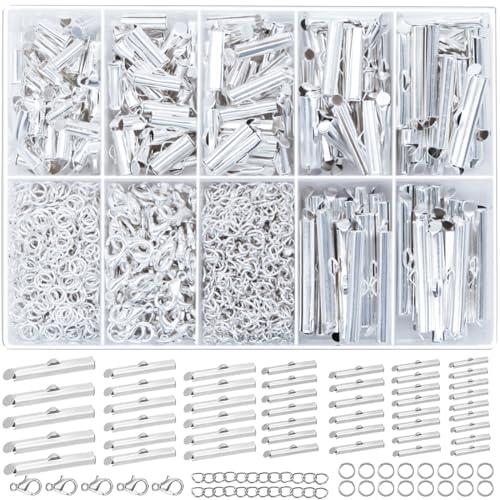 EuTengHao Slider Clasp Kit Sicken Rohr Slide Cord Ends mit Hummerverschluss Kettenverlängerer Schmuckfindungsset für die Herstellung von Perlenhalsketten und Armbändern (6 Größen, Bright Silver)