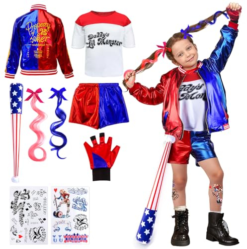 Luclay Quinn Kostüme Kinder- Mädchen Bösewicht Kostüm Cosplay Suicide Clown Kostüm Kit mit Jacke, T-Shirt, Shorts, Handschuh Perücken Tattoo Baseballschläger für Karneval Cosplay Faschings Halloween