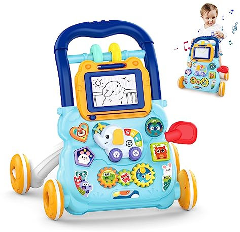 KalaDuck Schiebe und Ziehwagen Spielzeug, 2 In 1 Lauflernhilfe mit Abnehmbares Zeichentafel, Frühpädagogisches Aktivitätszentrum für Mädchen Jungen, Multifunktionale Spieltafel für Kinder 12M+ (Blau)