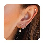 Morfetto 4 Paar 14K Vergoldete Hypoallergene Ohrring-Sets für Damen – Zarte Ohrstecker, Huggie-Creolen, Kleine Hoops und Hängende Knorpelohrringe für Mehrere Piercings14K Gold,Wassertropfen