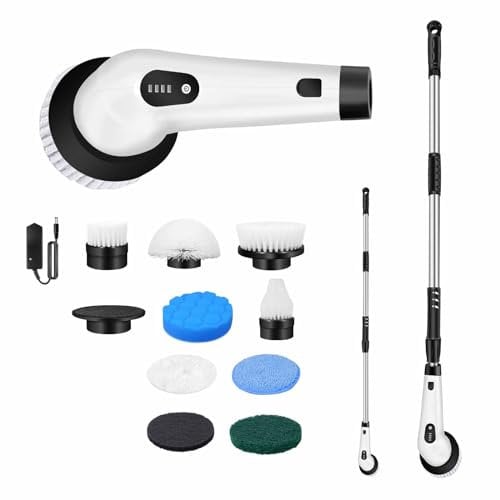 Elektrische Reinigungsbürste, Neues Spin Scrubber mit 8 Austauschbaren Bürstenköpfen & Verstellbarem Verlängerungsgriff & 2 Rotationsgeschwindigkeiten & LED Bildschirm für Bad/Küche/Auto