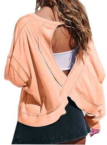 Haut athlétique pour femme - Manches longues - Col rond - Dos nu - Coupe ample - Coupe ample - Pour la course à pied, la gym, l'entraînement, Orange, M