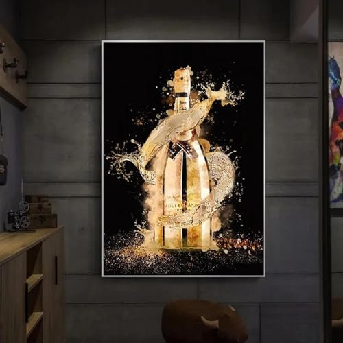 AINIBPO Golden Champagne Bottle Luxury Art Canvas Painting Prints Posters Champagne Wall Art Pictures for Dining Room Home Mural 40x60cm Frameless