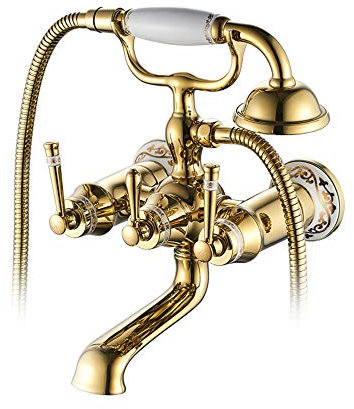 QTANZIQI Badewannenarmatur mit Handbrause, goldfarbenes Messing, Wandmontage, multifunktionale Mischbatterie, Doppelgriff, Telefonform, Duschset mit Kalt und Warm