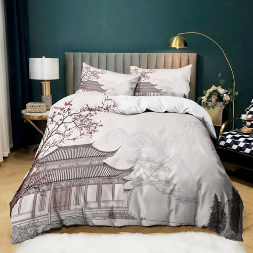 Bettbezug Bedruckt Bettwäsche-Set 155 × 220 cm, Drucken Bettbezug Alte Berge Bettwäsche-Set auf Weiches Mikrofaser-Baumwolle 1 Bettbezug Schwarz Grau und 2 Kissenbezug