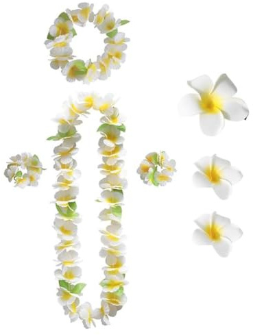 AUEFUDQ 7Pcs Blumenkette Deko Leis Blumenketten hawaii Ketten Blumen Mit Halskette Stirnband Armband Haarclips, Luau Blumengirlande FüR Hawaii Strandpartys Hochzeit, weiß