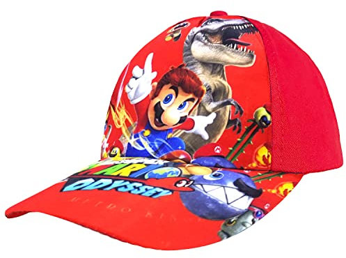 MAJEQZGY Mario Cartoon Printing Baseball Kappe für Jungen und Mädchen Verstellbare Kindermütze Flache Krempe Sonnenhut für Kinder Baseballkappe (DE/NL/SE/PL, Alphanumerisch, M, Roter Dinosaurier)