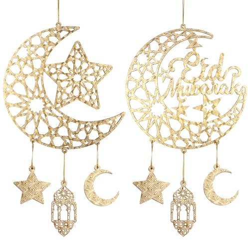2 Stück Eid Mubarak Türschild Holzschilder zum Aufhängen, Ramadan Kareem Hohlornament Dekorationen Mond und Sterne, Mondform Ramadan Mubarak Party Holz Wandaufhänger für islamische muslimische (Gold)